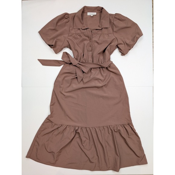 Lucky Brand Mauve Bubble Sleeve Button Up Belted‎ Shirt Dress Women's Size Small - Picture 1 of 9